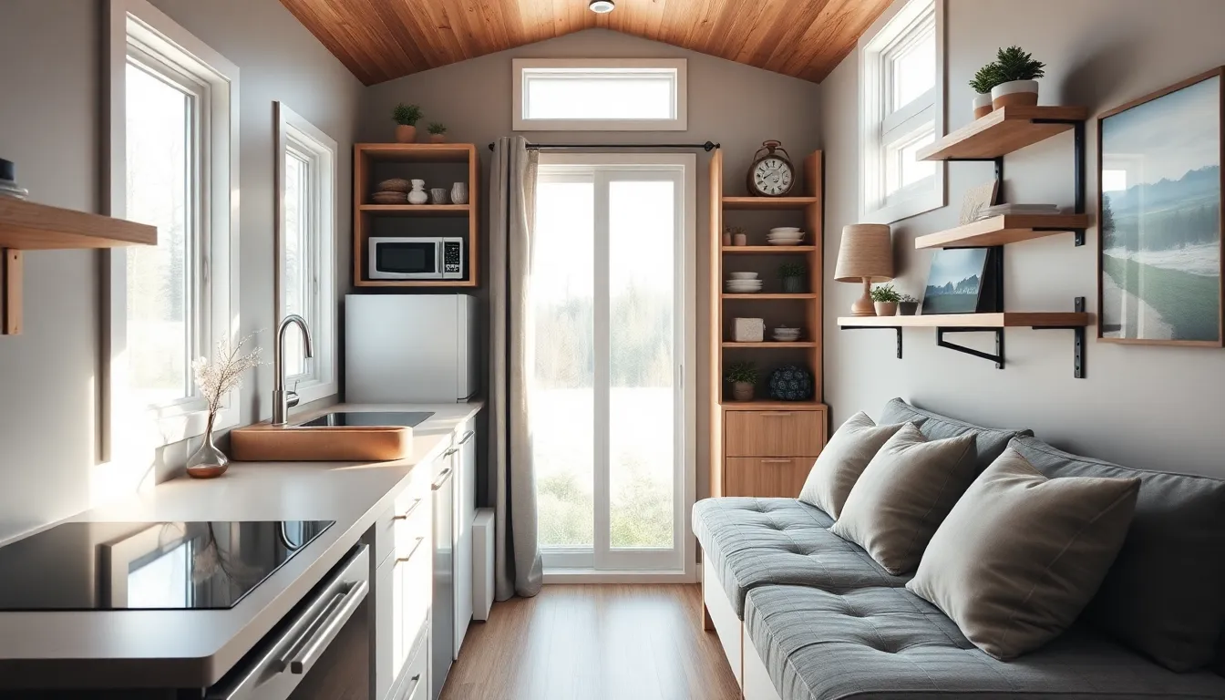 interior of a tiny home with compact appliances and multifunctional furniture.