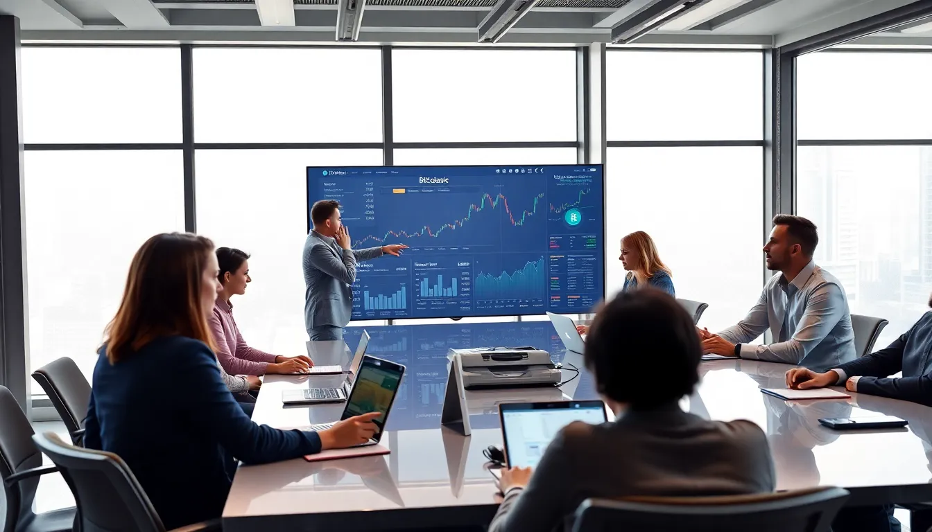 diverse investors discussing cryptocurrency in a modern office.