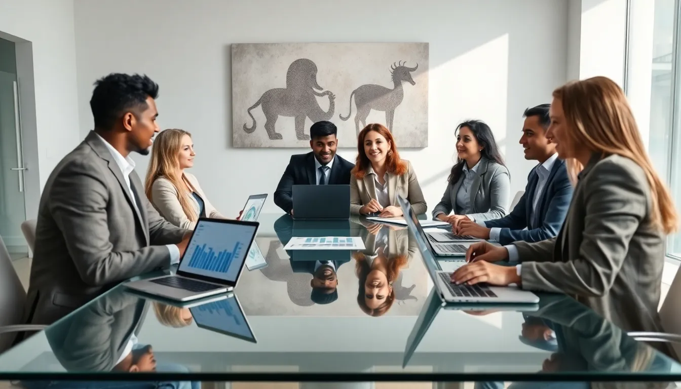 diverse professionals discussing the concept of Utjutcth in a modern conference room.