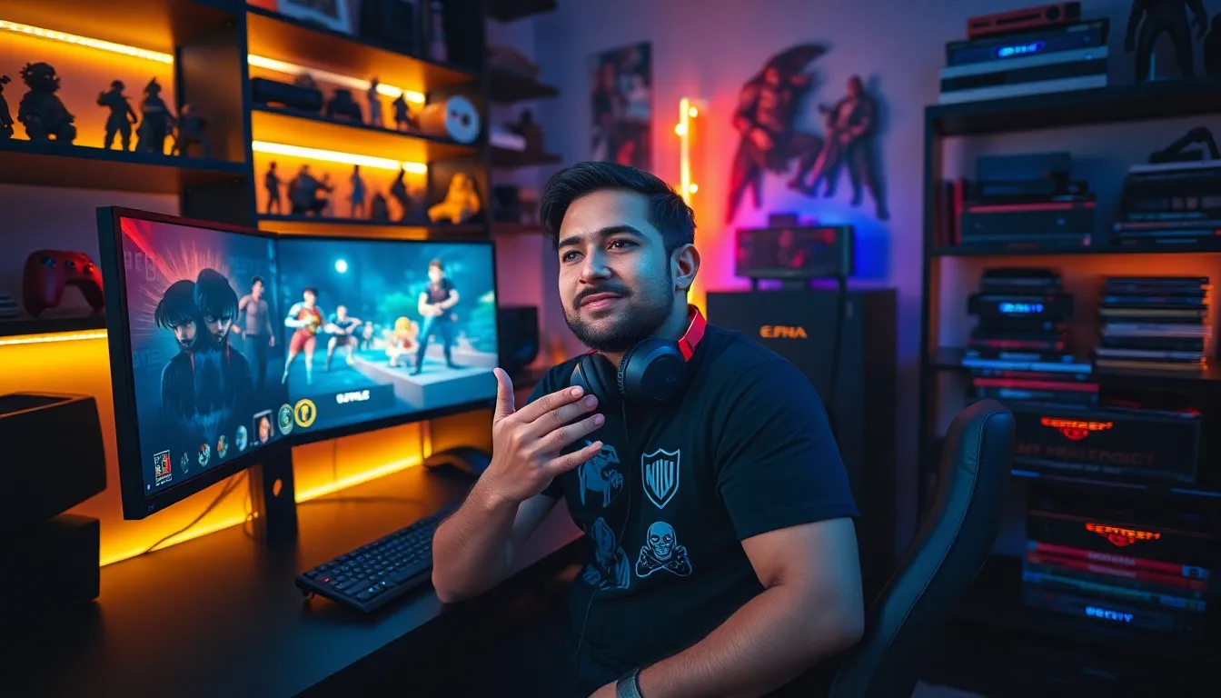 Larry Nando in his gaming room, engaged with dual monitors and gaming memorabilia.