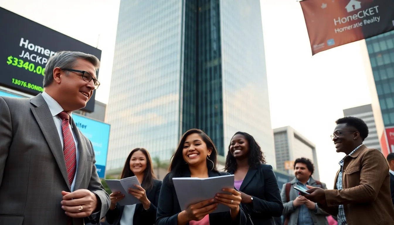 a lively real estate auction with diverse participants discussing properties.