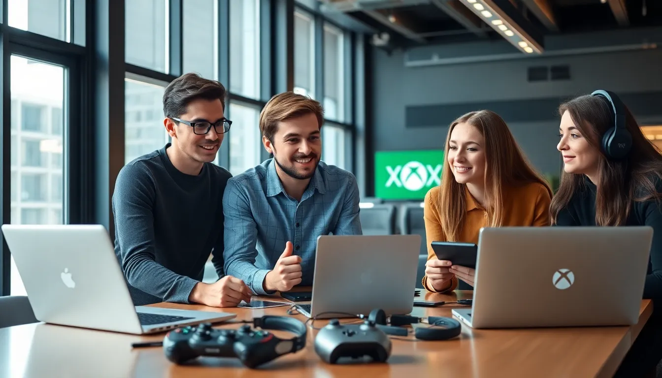 diverse team collaborating on game development in a modern office.