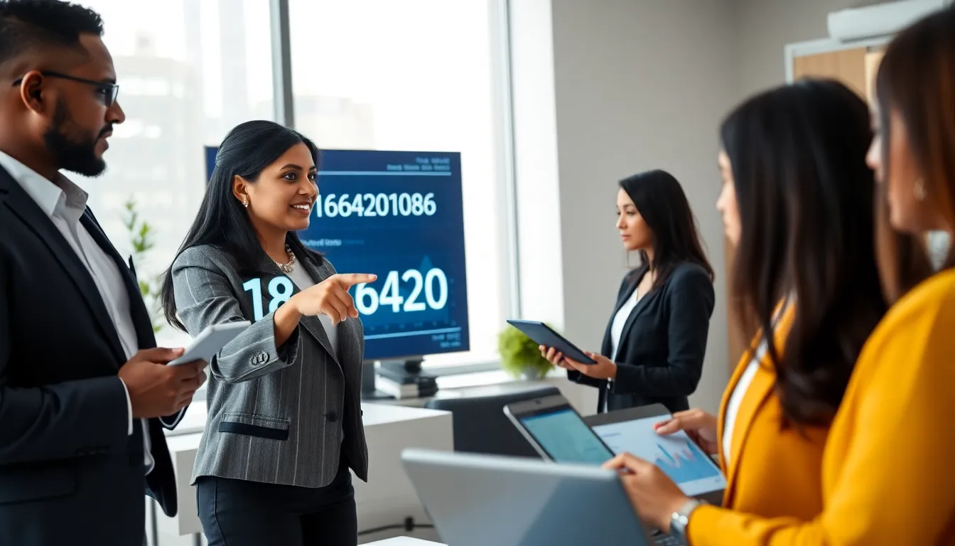 diverse team discussing data in a modern office setting.