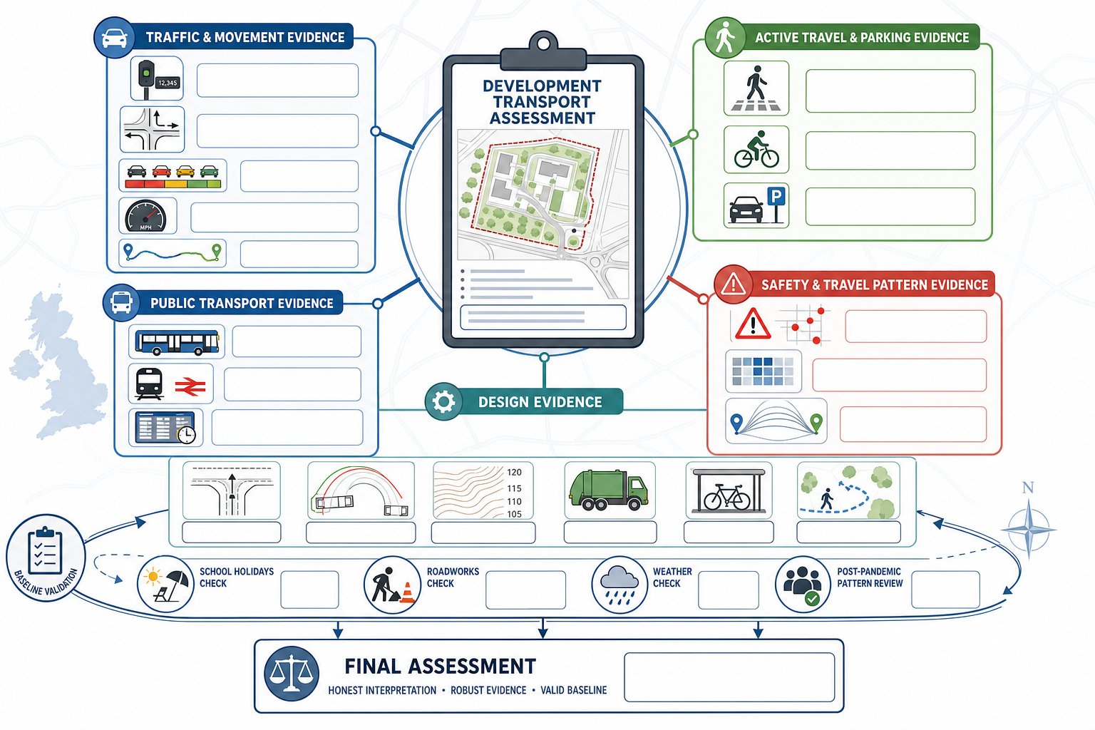 UK transport assessment infographic showing surveys, design evidence, and data validation checks.