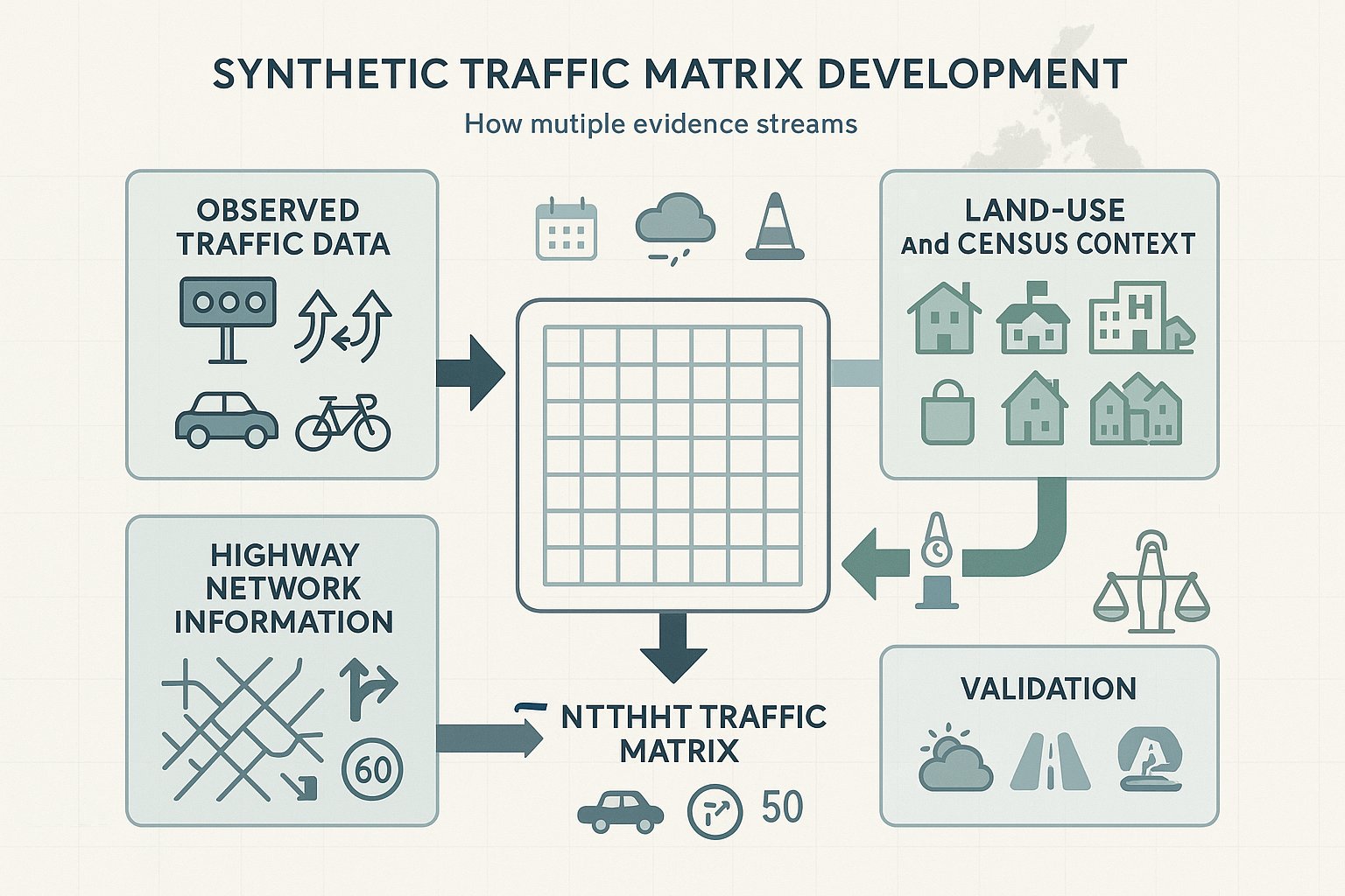 Infographic of data sources feeding a synthetic traffic matrix in the UK.
