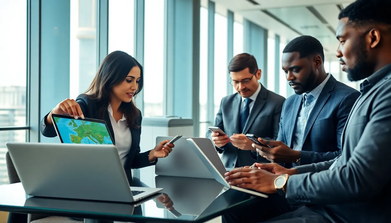 business travelers discussing phone tweaks for international travel.