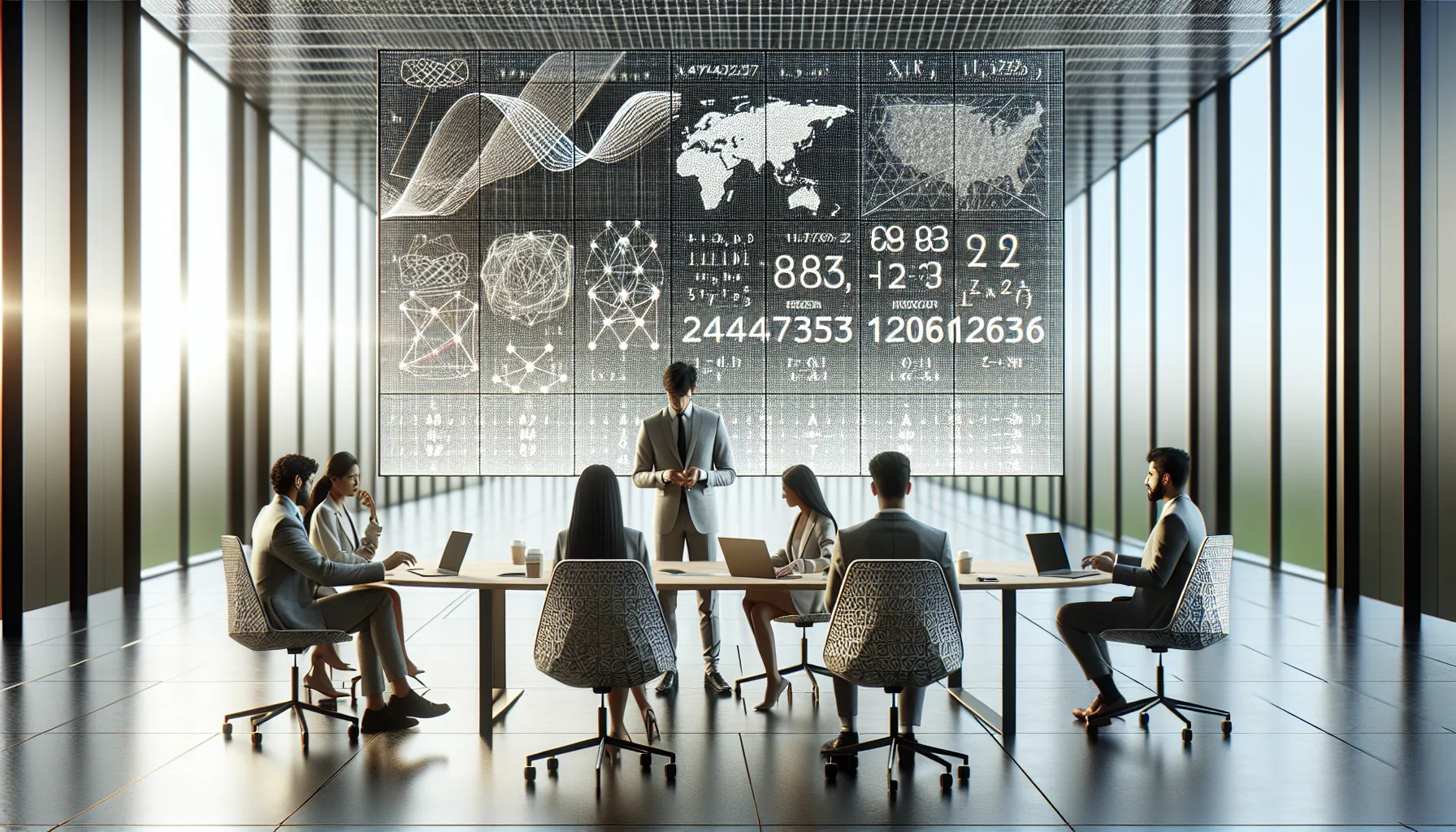 diverse researchers discussing mathematical concepts in a modern conference room.