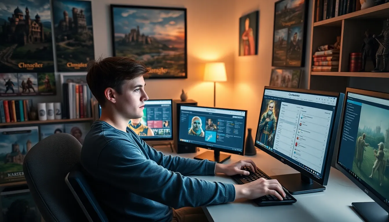 a young man using CK2Generator at a desk with multiple screens.