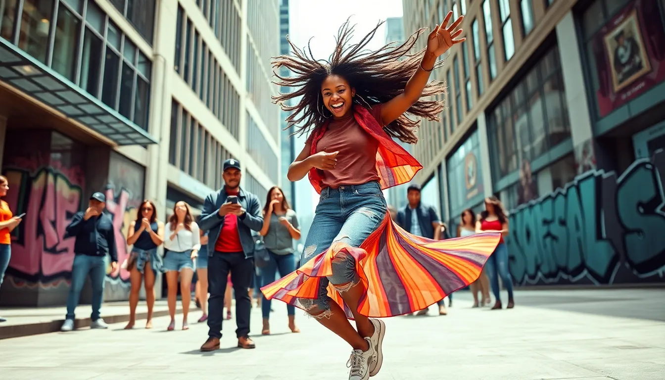 dancer performing in an urban setting, engaging a diverse audience.