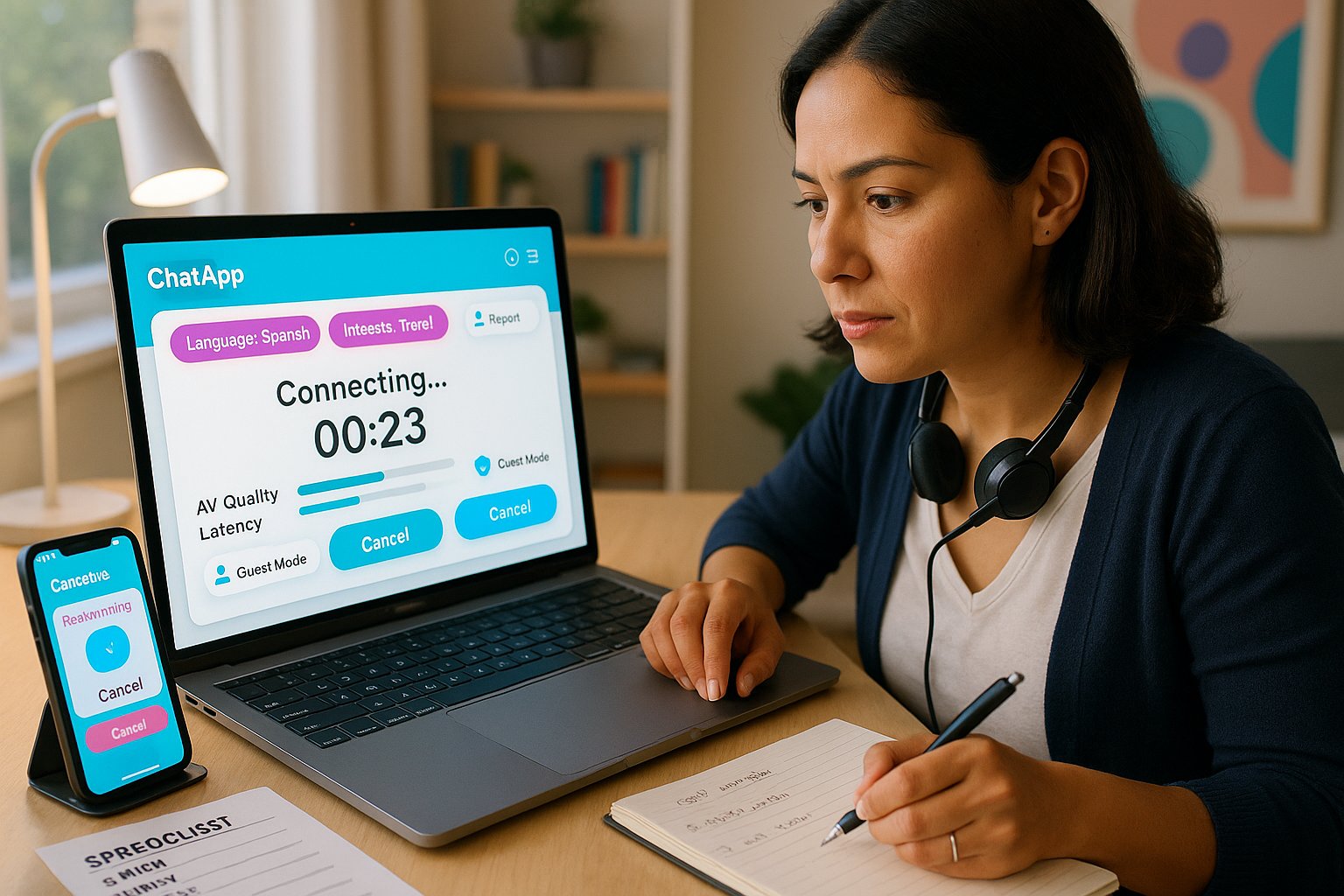 Person testing a chateek video-chat UI on a laptop with branded colors.
