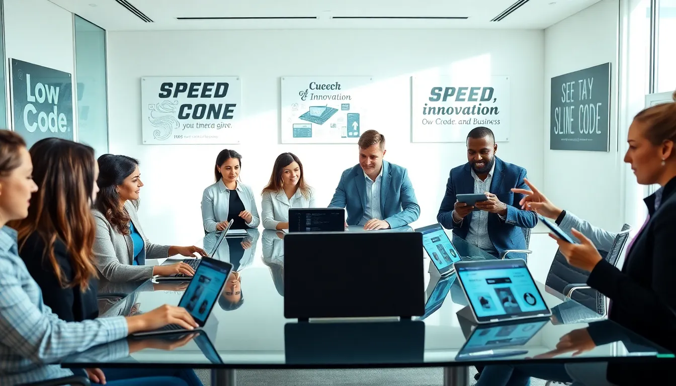 diverse team collaborating on low code application development in a modern office.