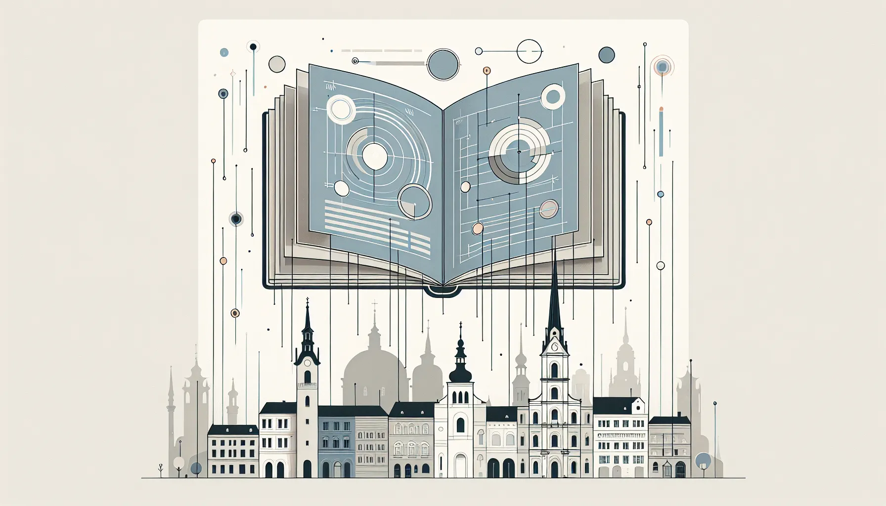 Open book floating above simplified Zagreb cityscape with timeline elements