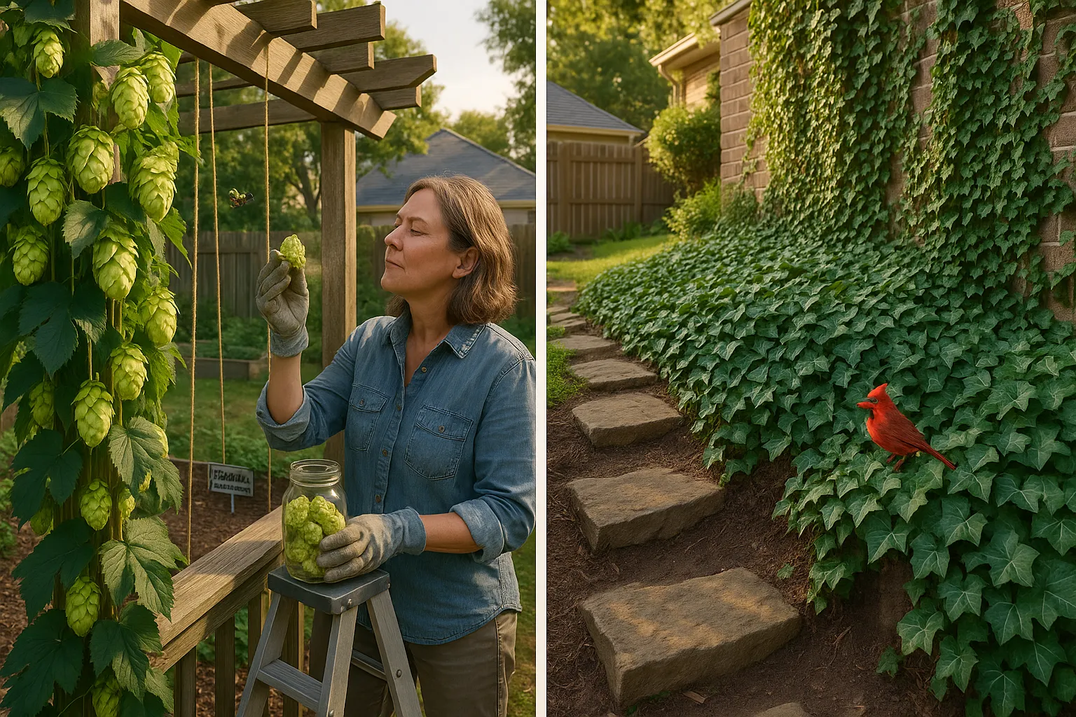 Home gardener harvesting hops on trellis beside dense ivy-covered slope.