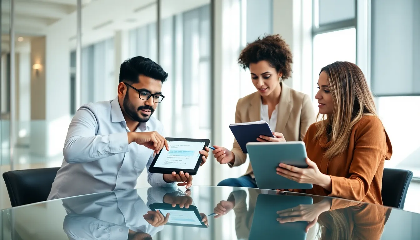 diverse group using AI technology for language learning in a modern office.