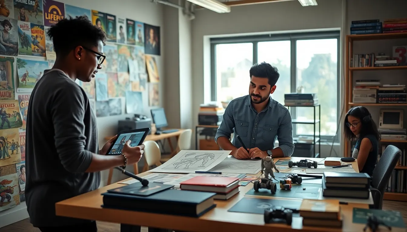 game developers collaborating in a creative studio setting.