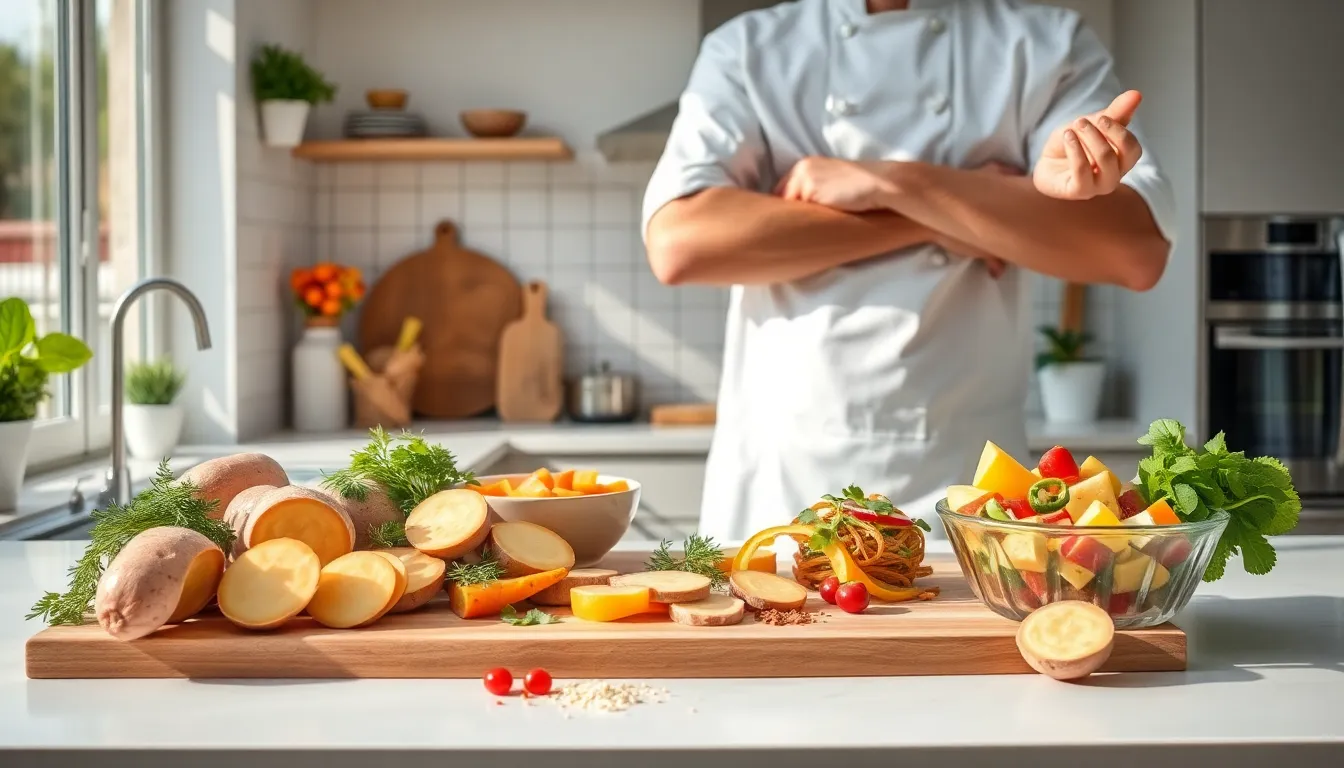 chef preparing healthy yam recipes in a modern kitchen.