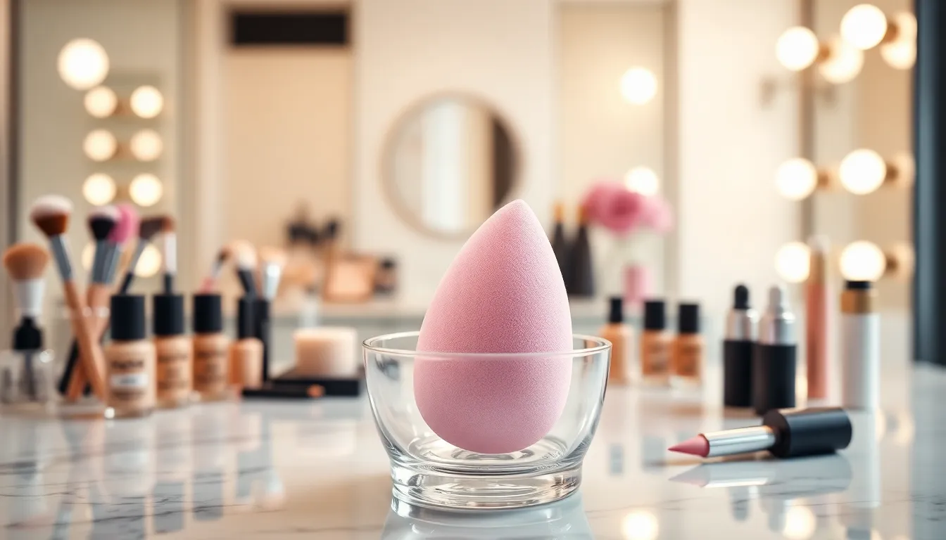 Beauty Blender sponge on a modern makeup vanity.