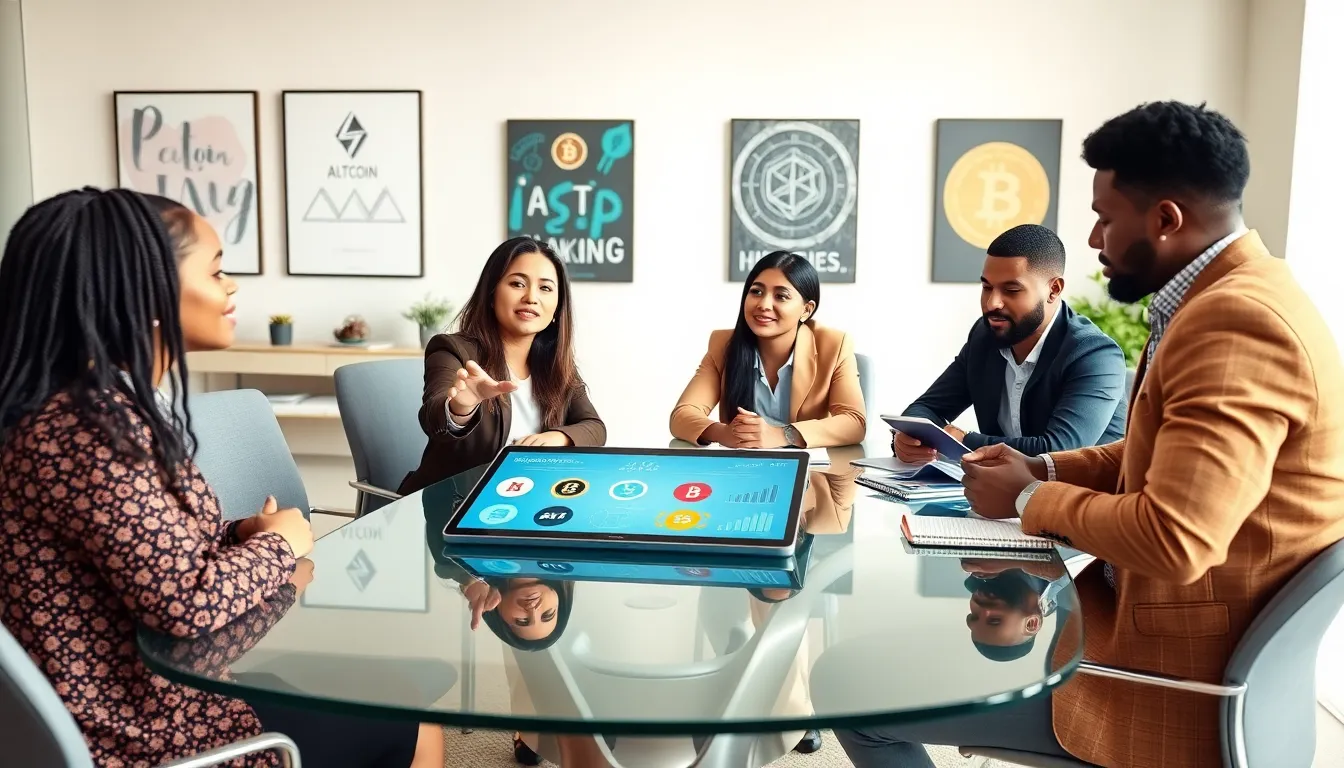 diverse team discussing altcoin investments in a modern office.