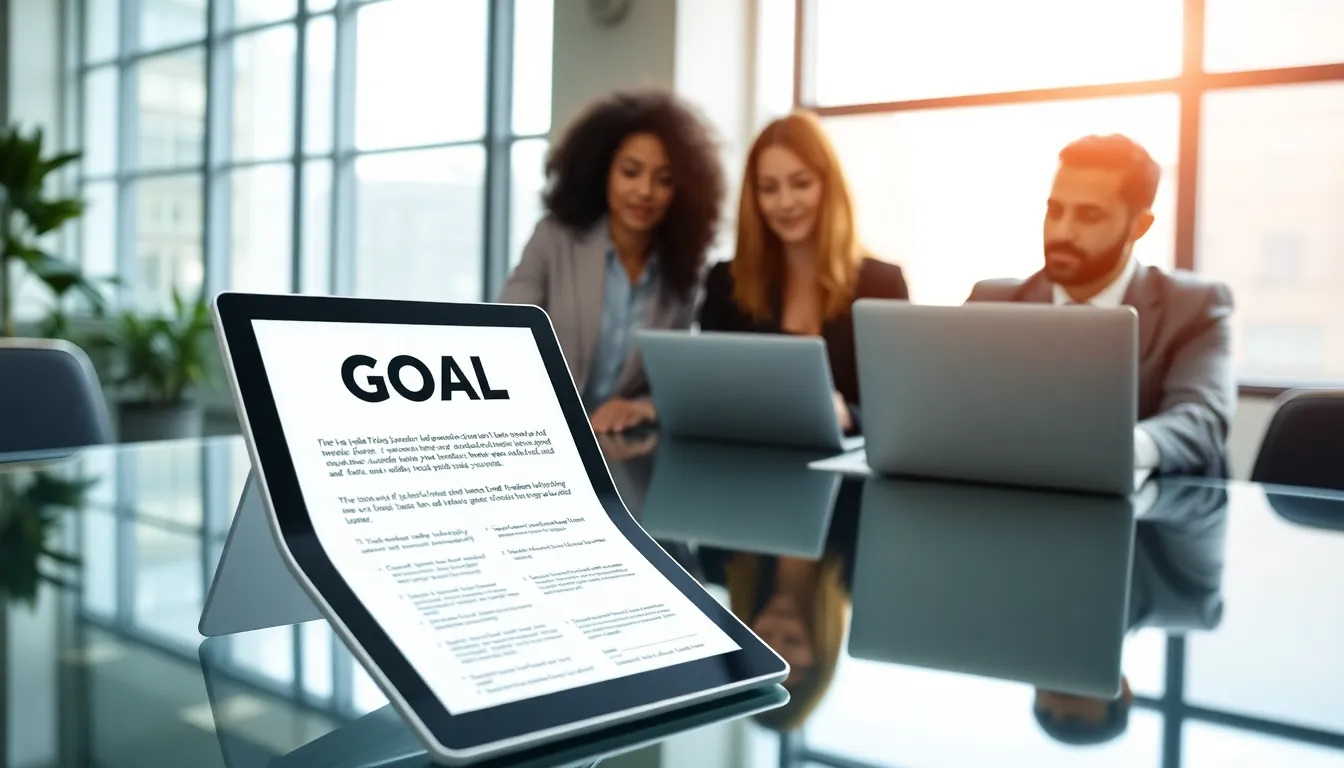 diverse team discussing a goal setting PDF in a modern office.