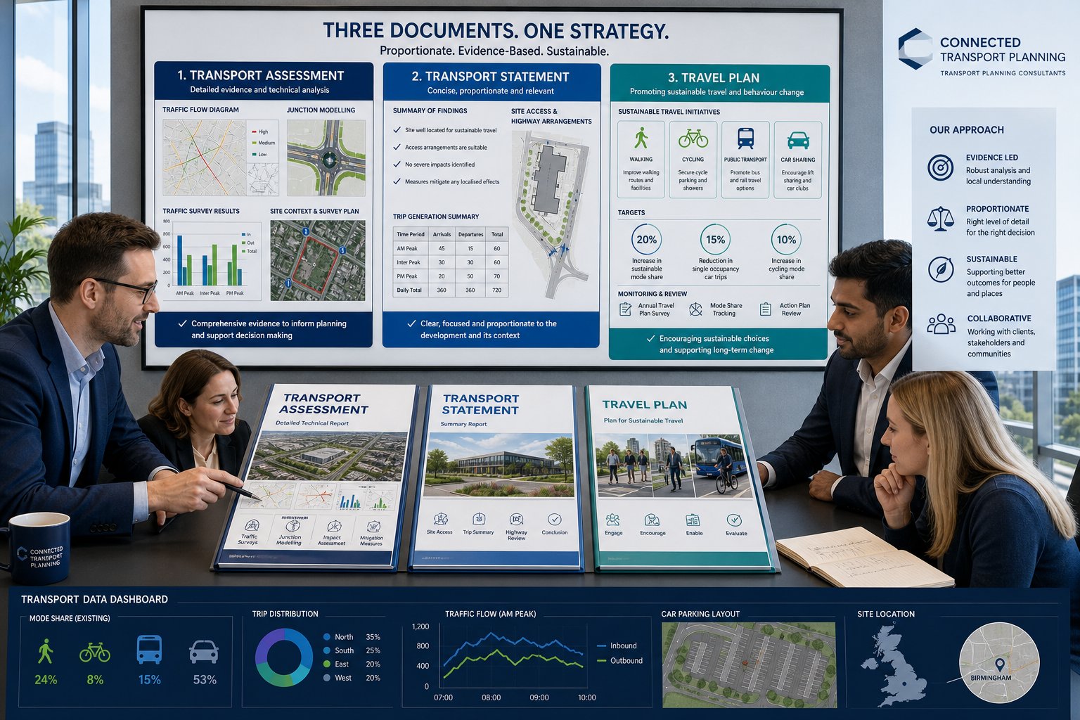 Consultants comparing transport assessment, statement, and travel plan documents.