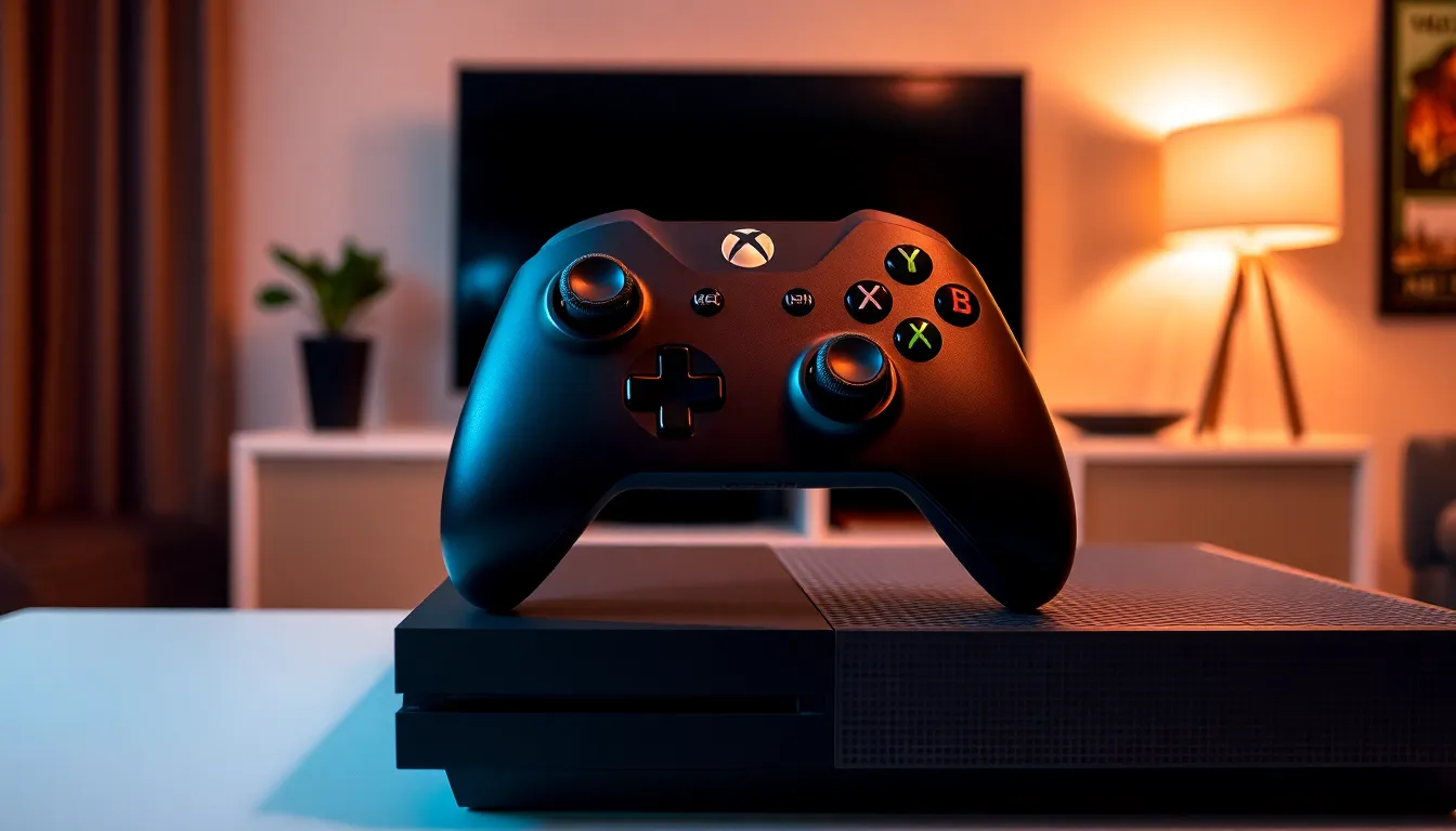 Xbox One controller with pair button highlighted in a modern gaming setup.
