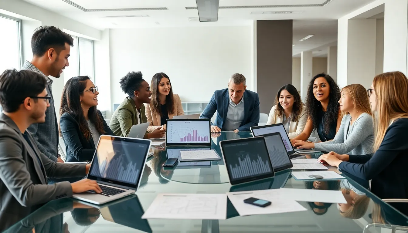 diverse professionals discussing concept in a modern office.