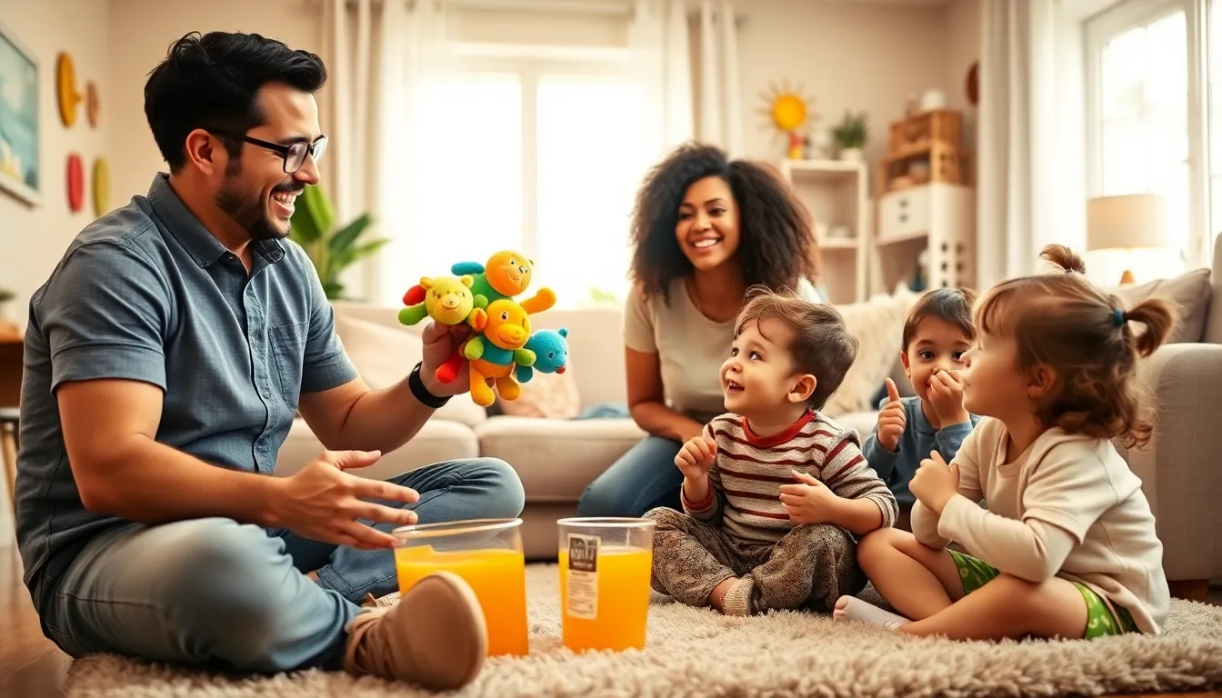 family enjoying a playful moment in a cozy living room.