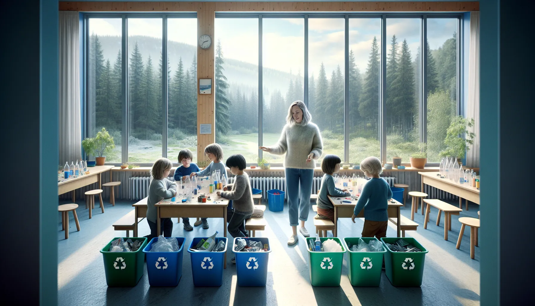 Norwegian teacher and children sorting recycling in a bright classroom with posters.