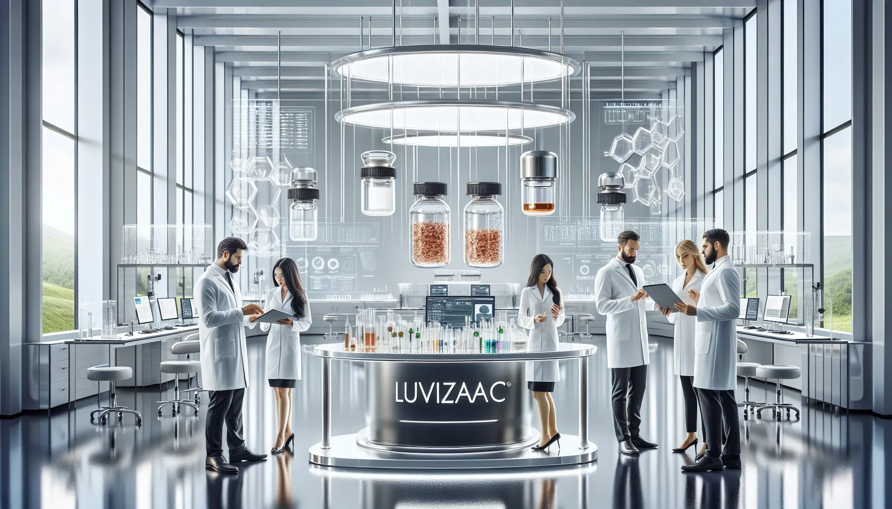 scientists examining hair samples and Luvizac ingredient in a lab.