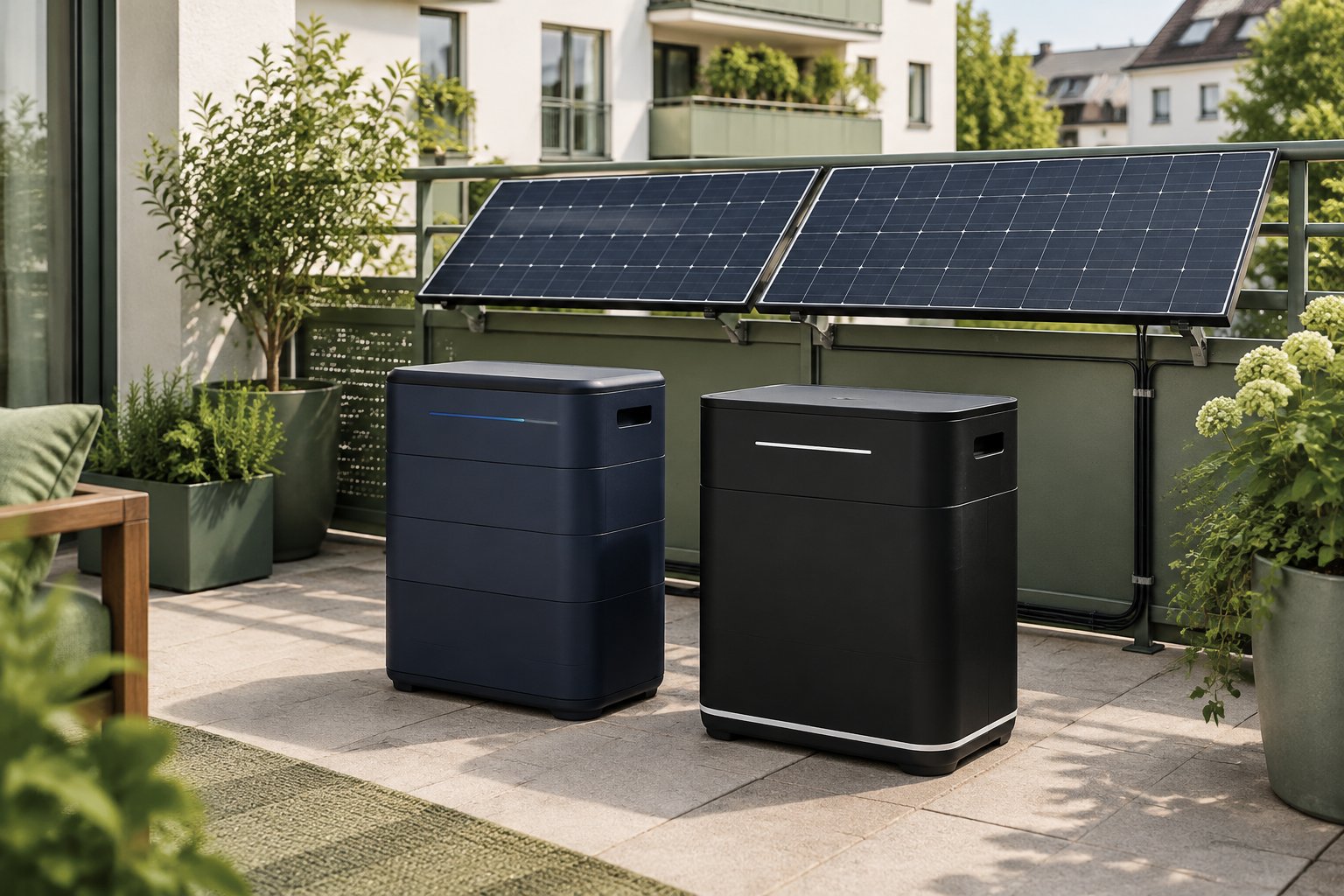Zwei neutrale Batteriespeicher neben Solarmodulen auf einer Terrasse