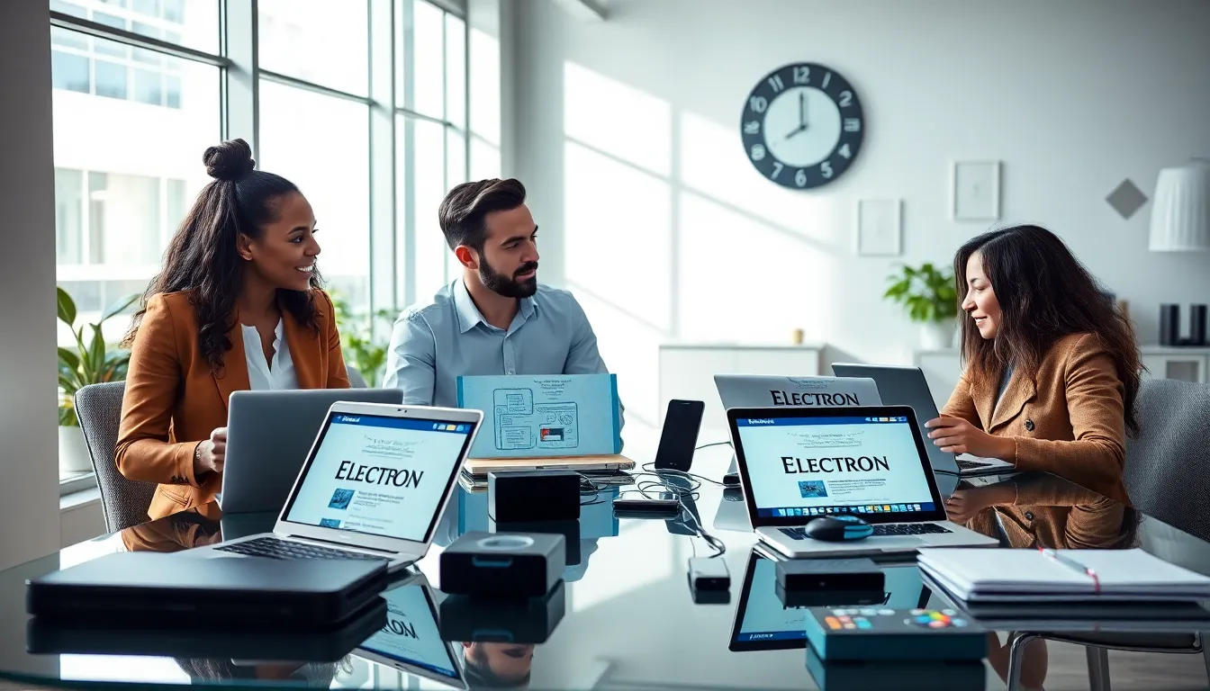 diverse professionals discussing electronics in a modern office.