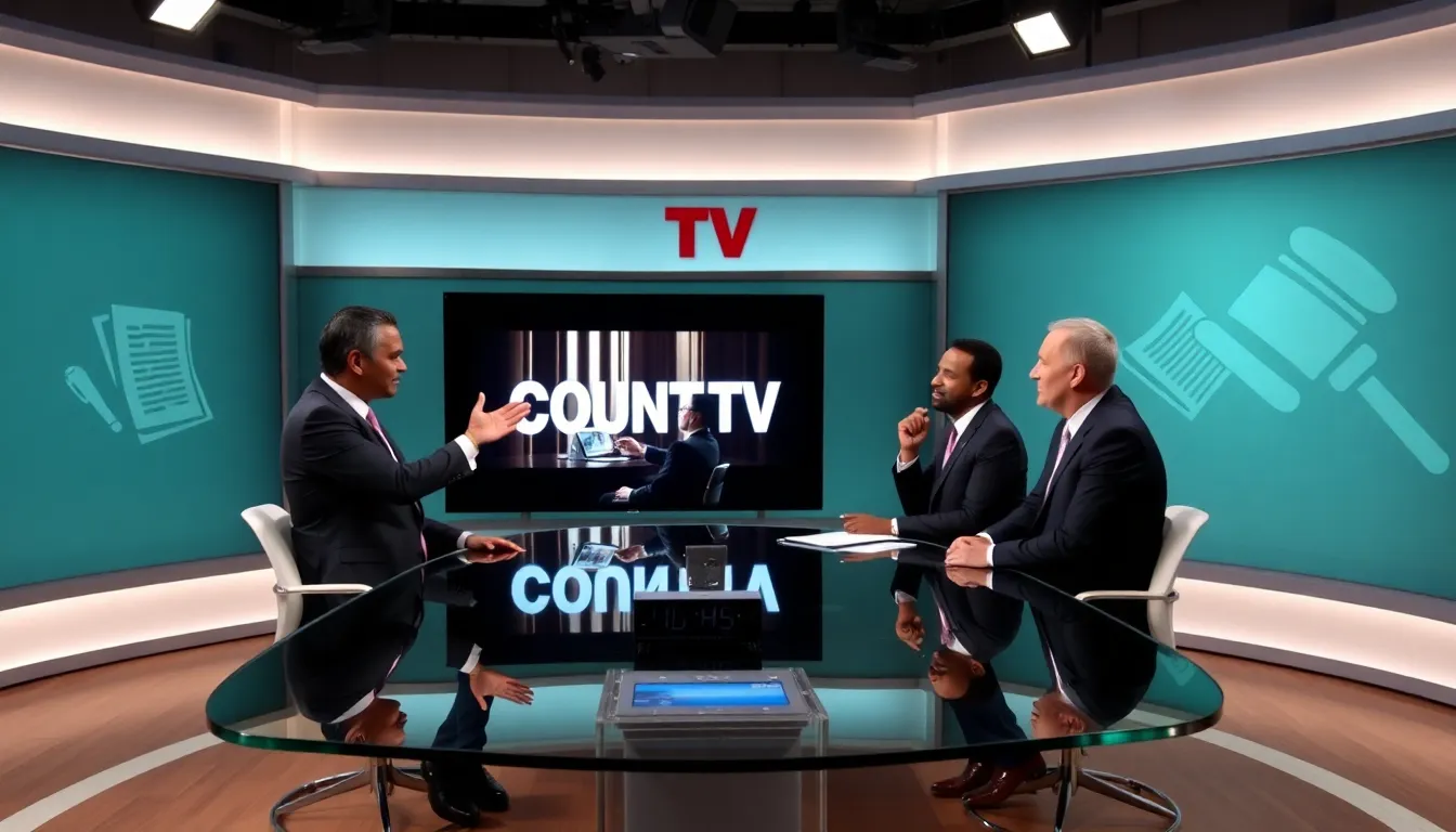 diverse legal analysts discussing in a modern broadcasting studio.