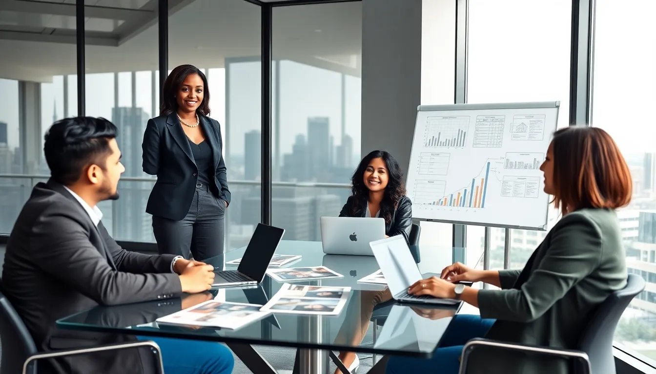 real estate investing coach guiding a diverse group in a modern office.