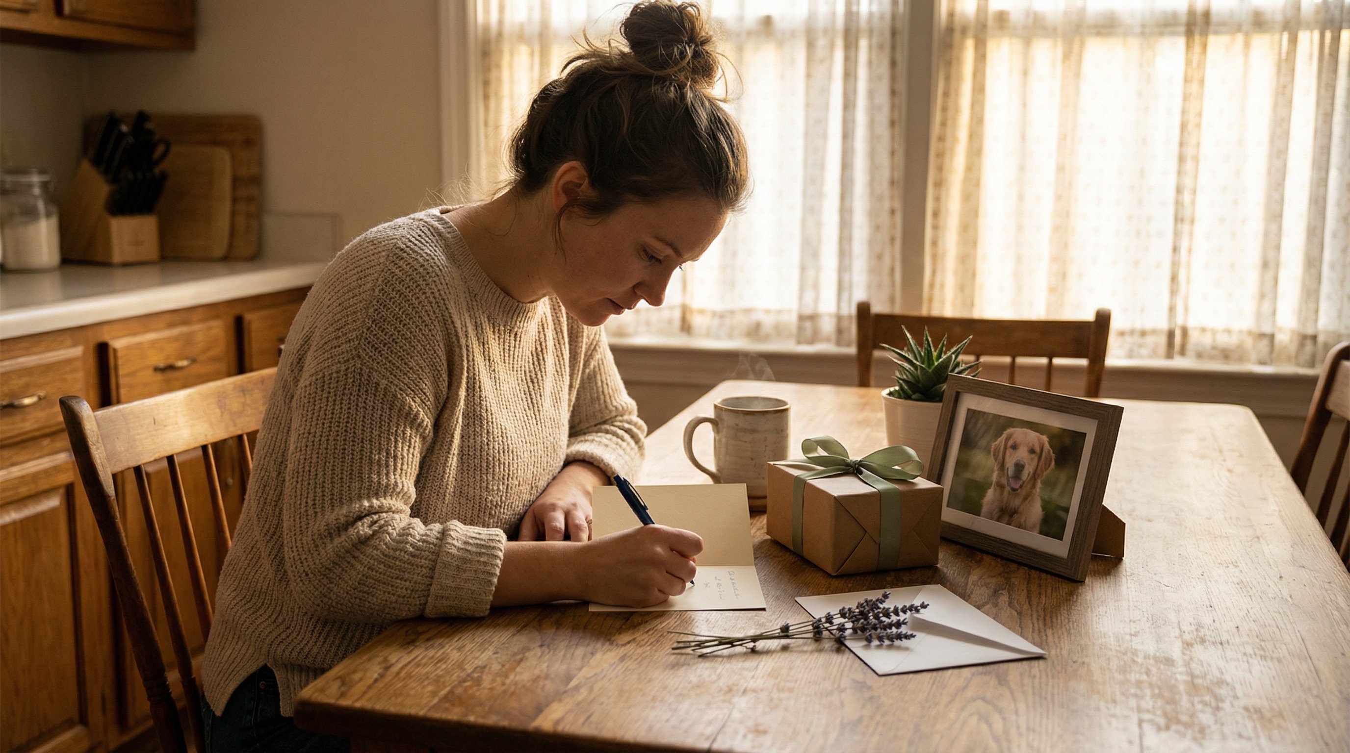 Woman writing a heartfelt card beside a wrapped sympathy gift and dog photo.