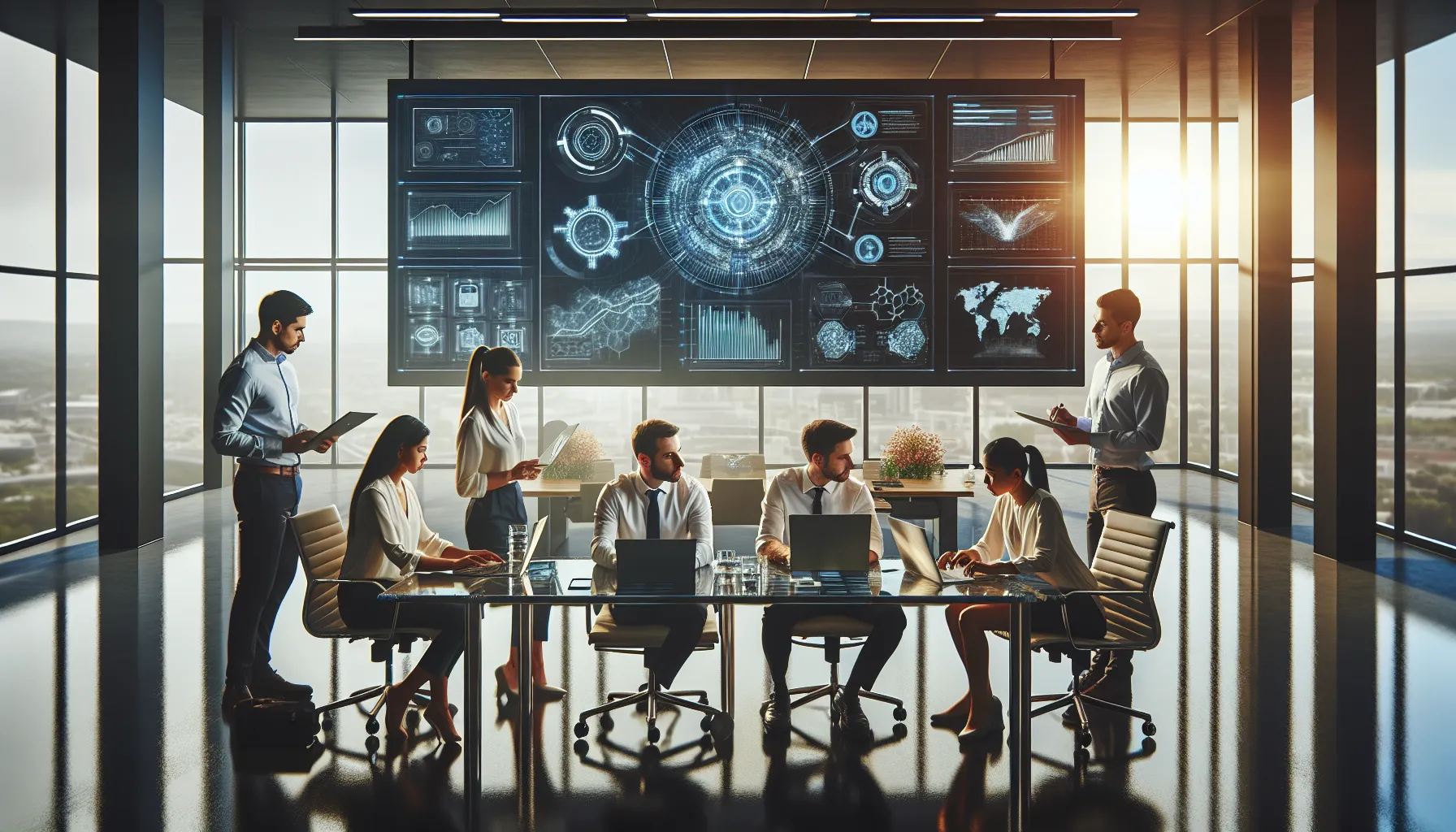 diverse team discussing cybersecurity strategies in a modern office.