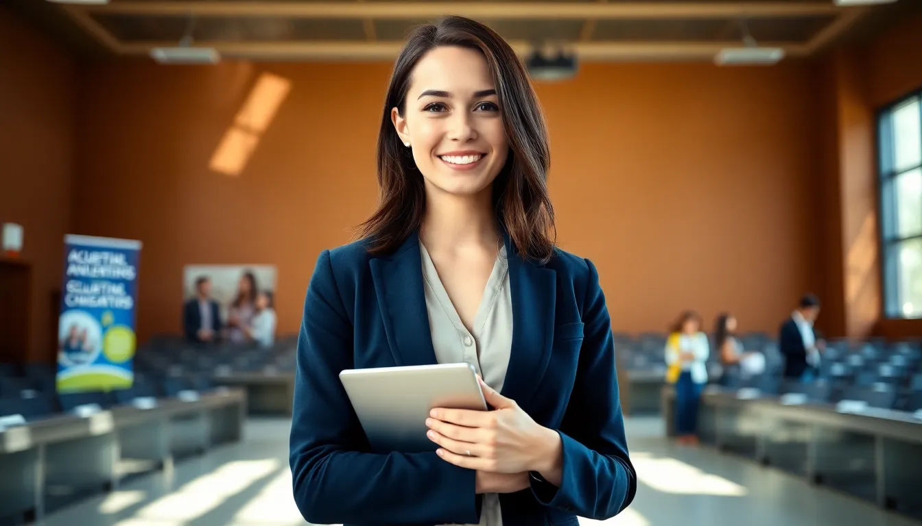 Rebecca Applewhite in a university setting holding a laptop, showcasing her academic journey.