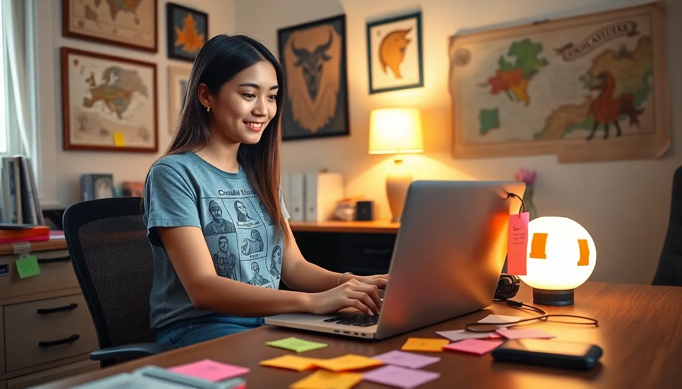A woman creating character designs for Crusader Kings II at her desk.