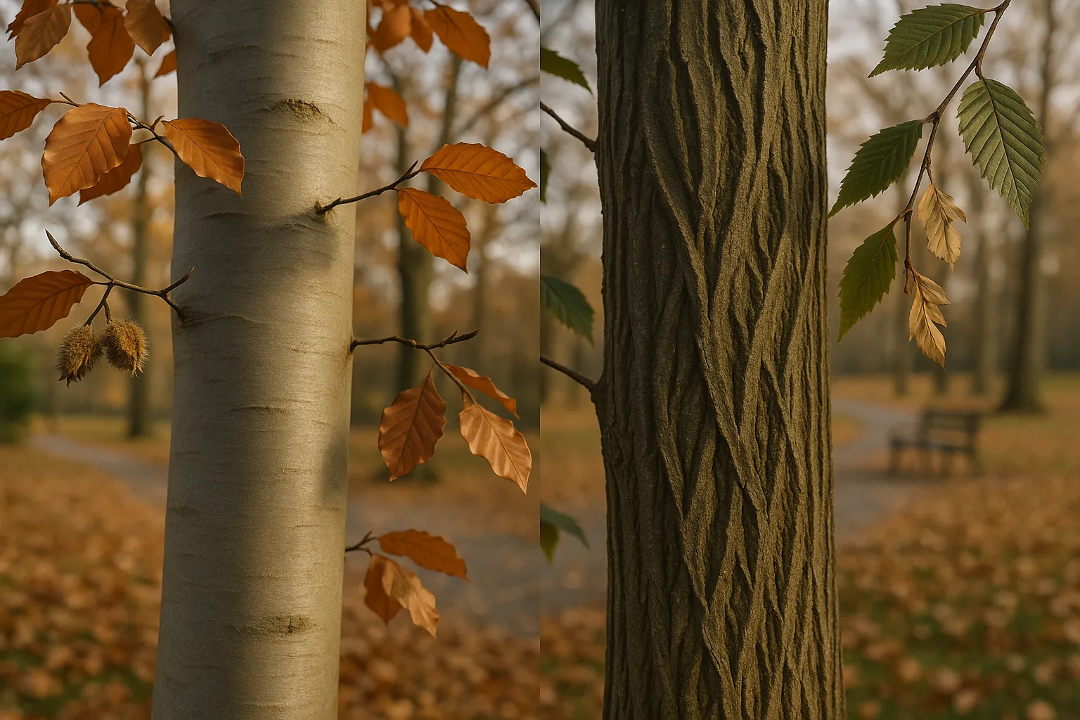 Side-by-side beech and hornbeam trunks with contrasting leaves and seed structures.