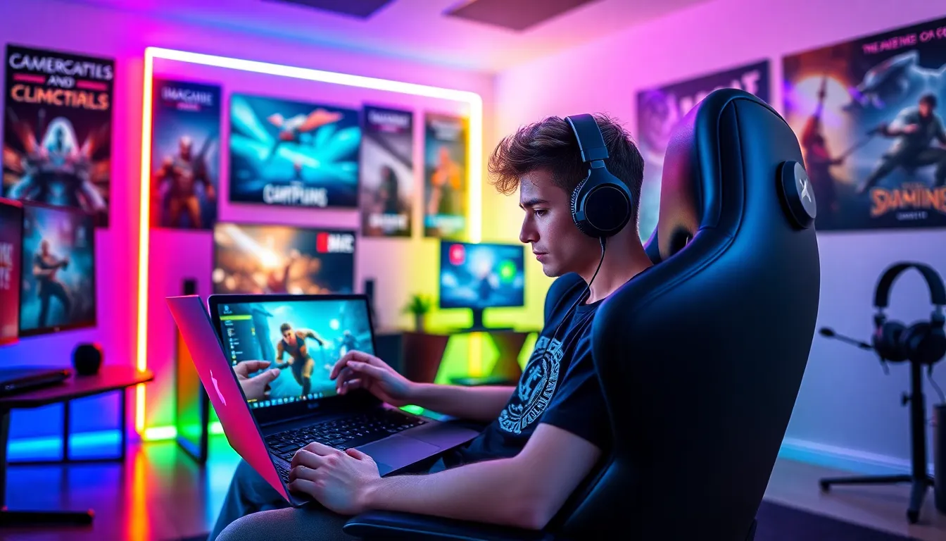 A young man gaming in a modern, colorful room filled with tech.