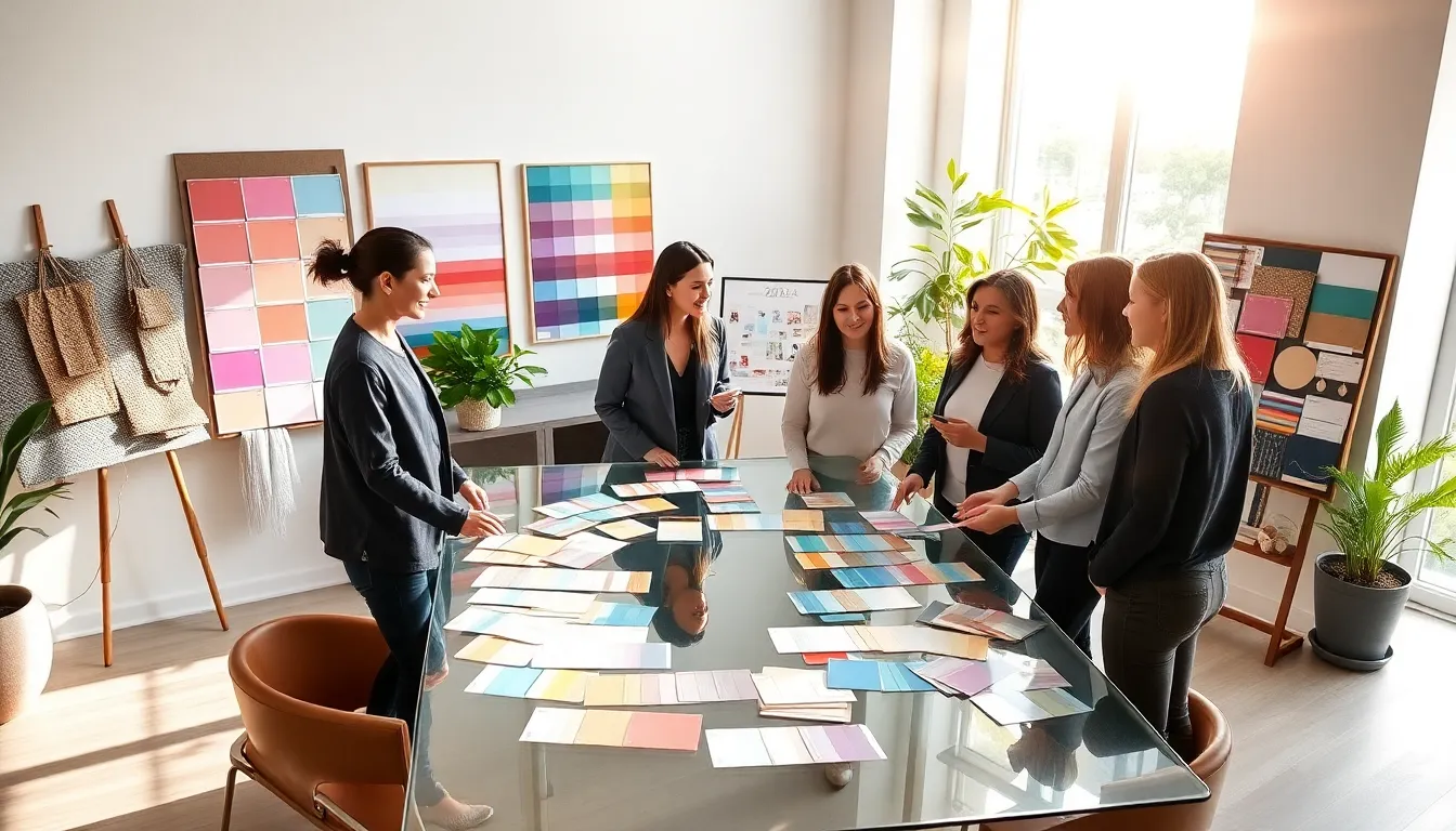 diverse interior design team discussing 2024 color trends.