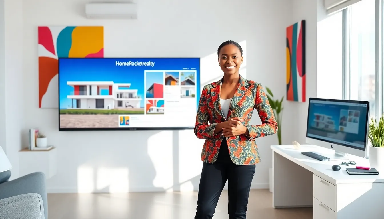 a real estate agent showcasing colorful Hibbegs designs in a modern office.