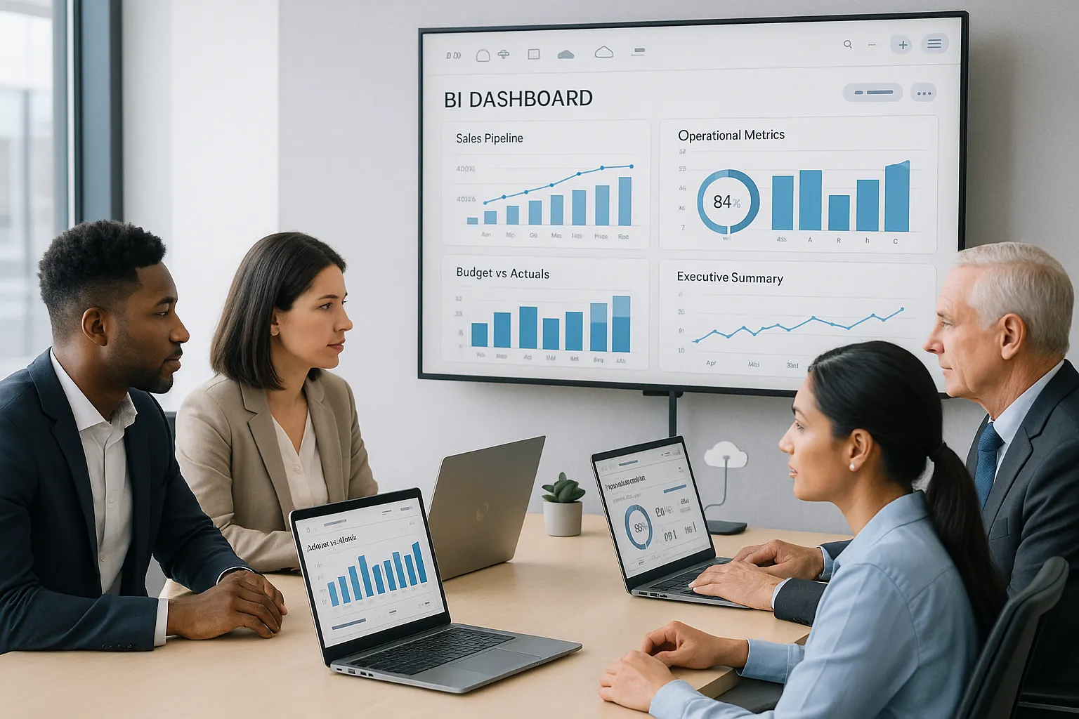 Enterprise team reviewing shared browser-based BI dashboards in a modern office.