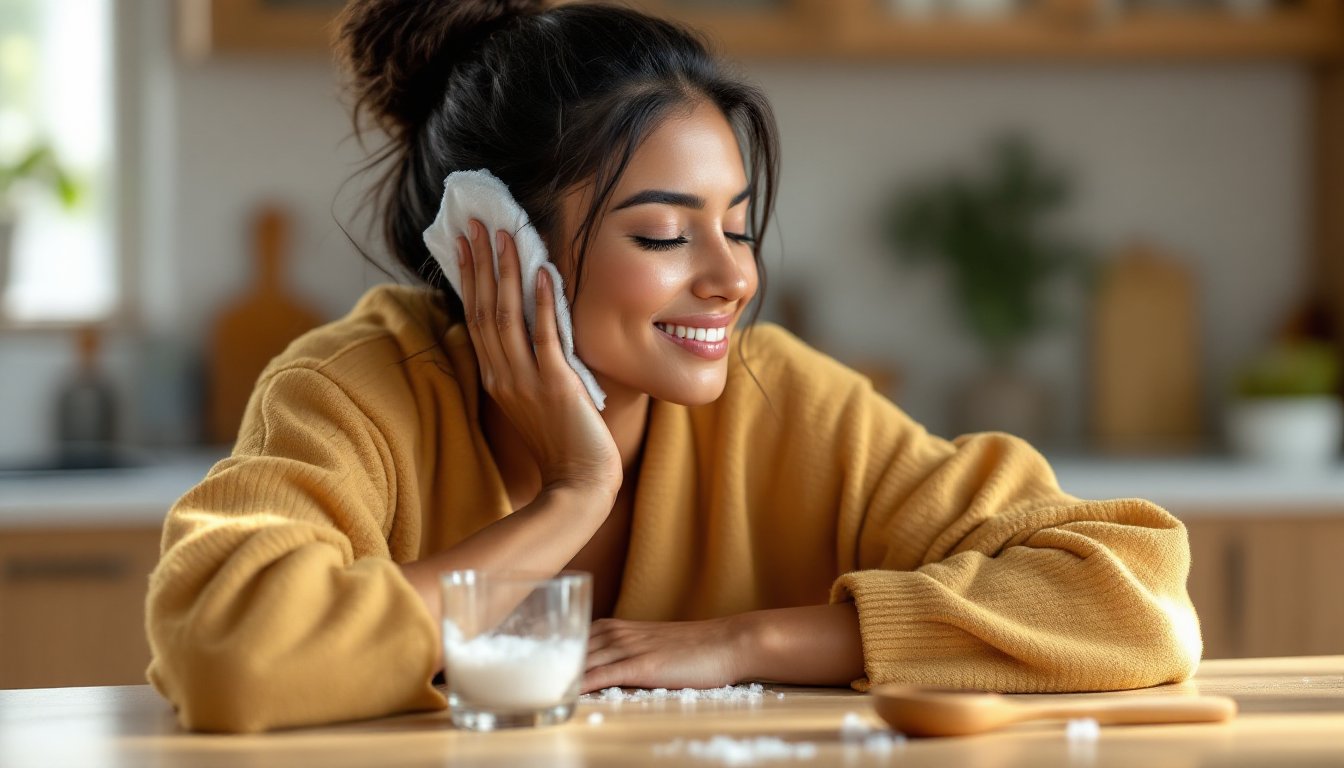 Woman holding an ice compress to her cheek beside a glass of saltwater at home.
