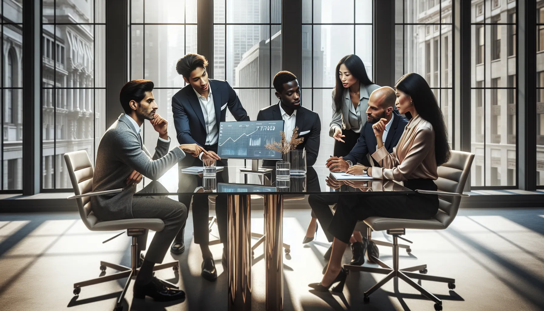 diverse professionals discussing the significance of a number in a modern office