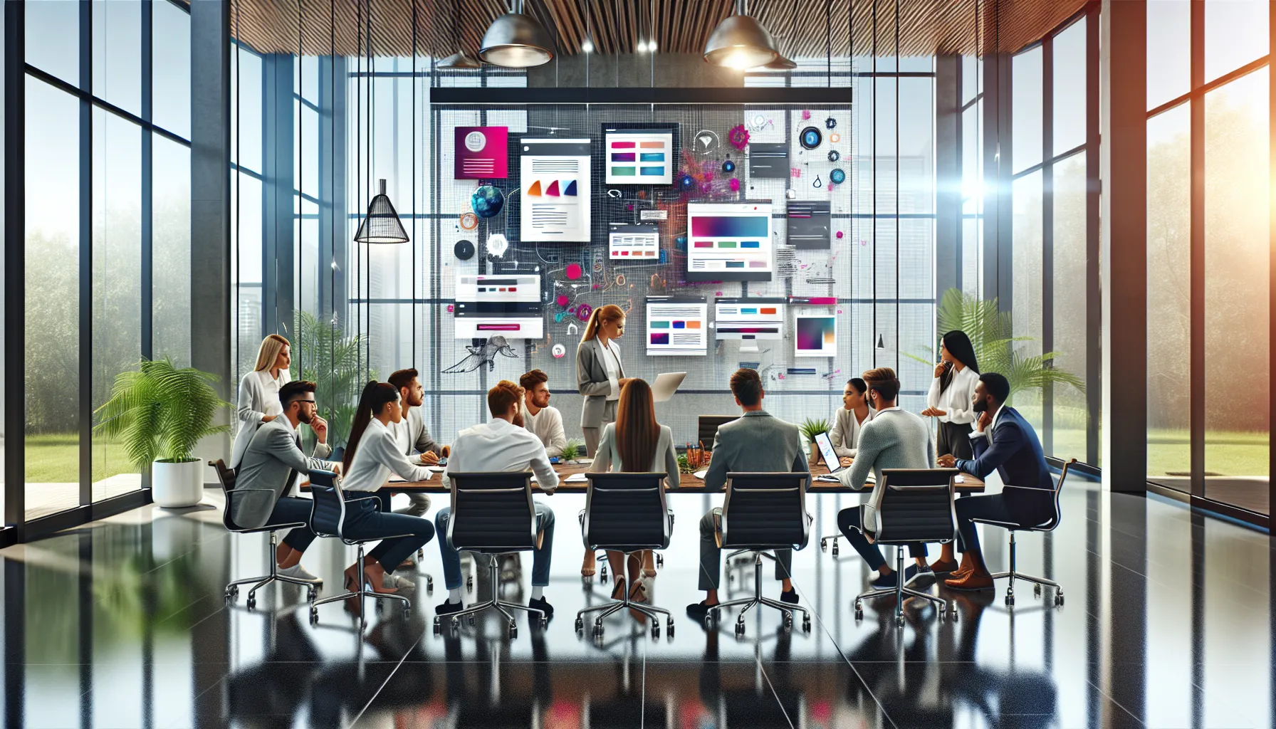 diverse team collaborating on web design in a modern office.