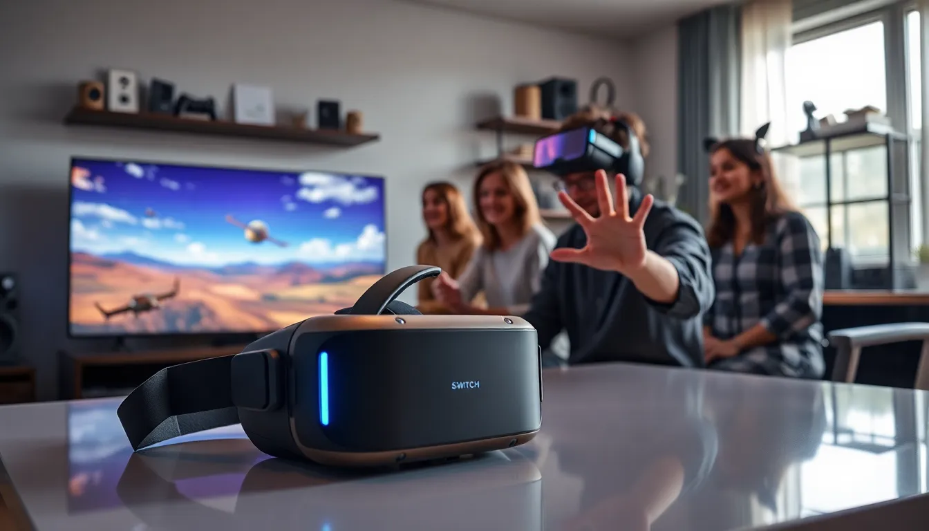 diverse group enjoying gaming with a Switch VR headset in a modern room.