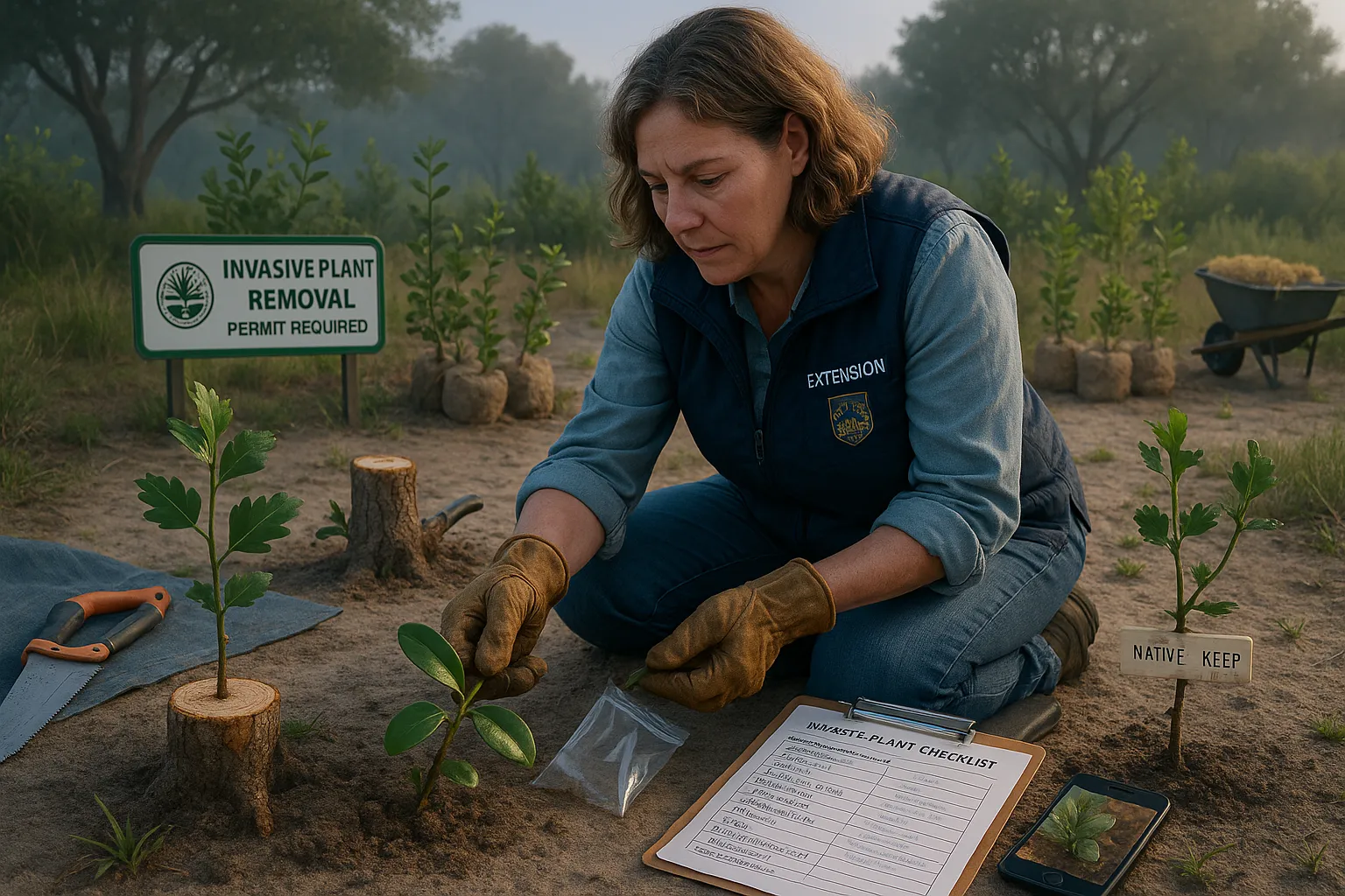 Volunteer pulling Griselinia seedling while marking native hawthorn to protect.