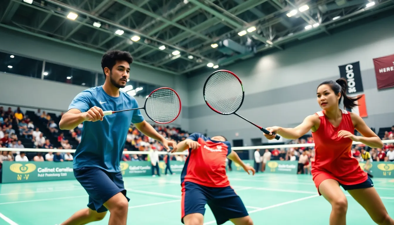 intense badminton match in a modern arena with diverse players.