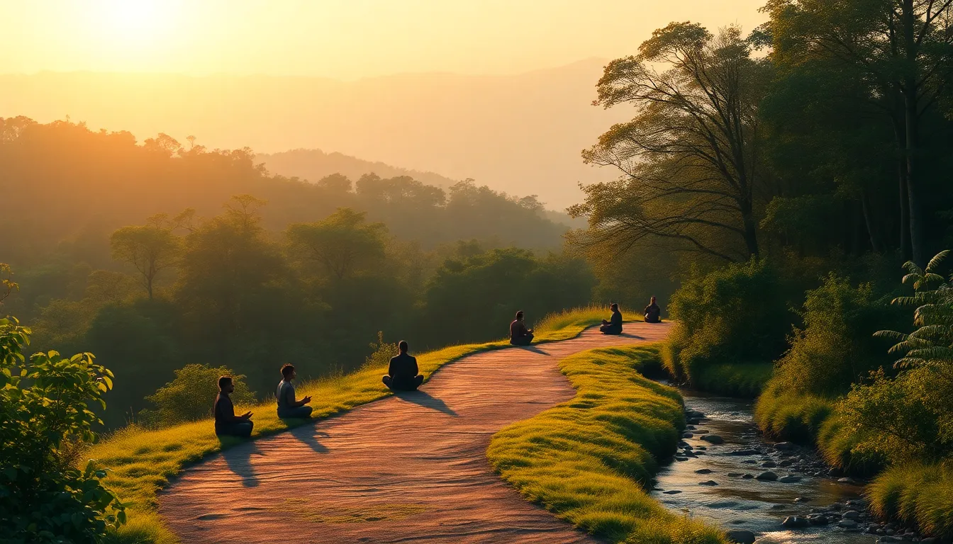 serene path at dawn with diverse individuals meditating in nature.
