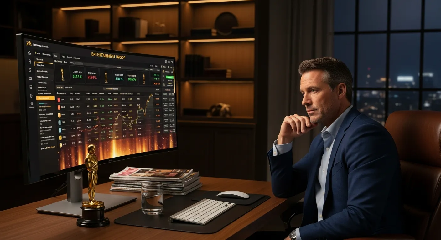 DraftKings Insider Reveals How Oscar Odds Work 1 A man analyzes Oscar betting odds on a glowing sportsbook monitor in a modern office.